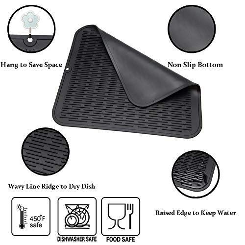 ZLR 2 Pcs Large Silicone Dish Drying Mat (16" x 18") - XL Heavy Duty Drainboard Mat for Pots, Pans & Family Loads - Heat Resistant Trivet & Counter Protector, Easy Clean (Black) - Image 4