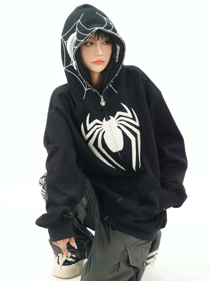 OATSBAS Y2K Hip Hop Spider Hoodie for Women Men Graphic Full Zip up Hoodies Oversized Kawaii Hoodies Spider Jacket (Black,Medium) - Image 3