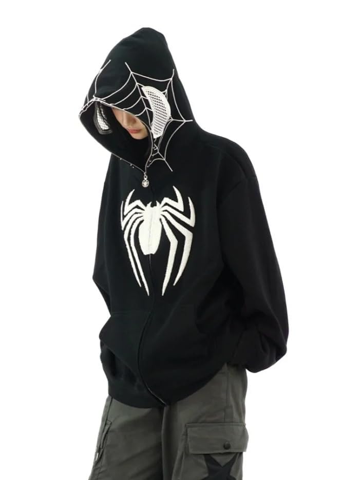 OATSBAS Y2K Hip Hop Spider Hoodie for Women Men Graphic Full Zip up Hoodies Oversized Kawaii Hoodies Spider Jacket (Black,Medium) - Image 2