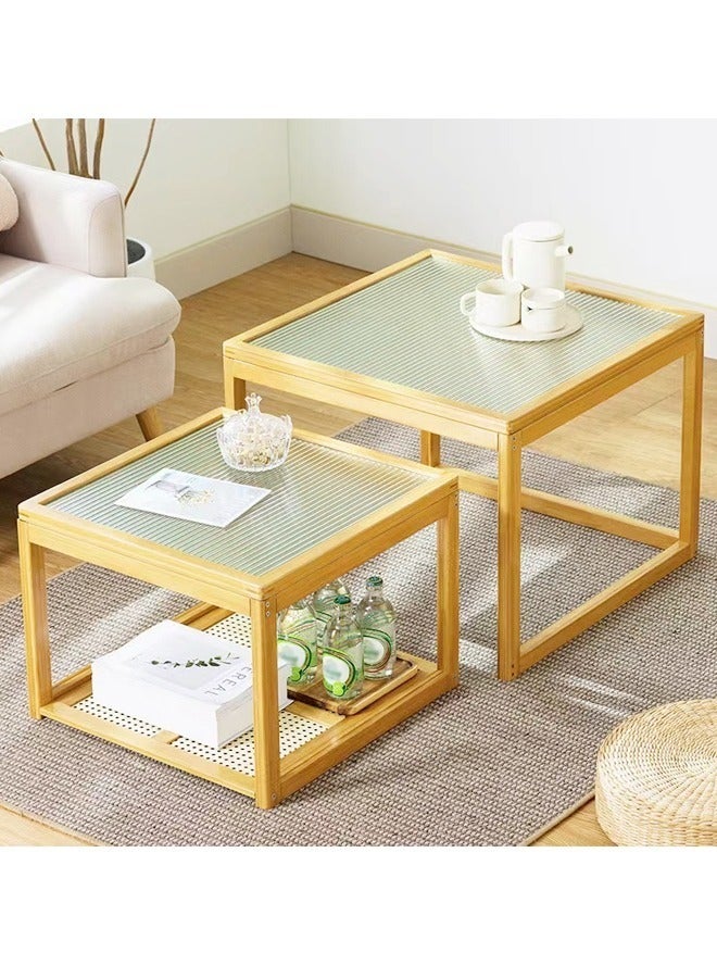 رافين مجموعة مكونة من طاولتين من الخيزران بتصميم كلاسيكي لمنتصف القرن مع قاعدة تخزين وطاولة تقديم زجاجية وطاولات مركزية لغرفة المعيشة لأثاث المكاتب المنزلية مقاس 50 × 50 × 38 و60 × 60 × 47 سم - Image 1