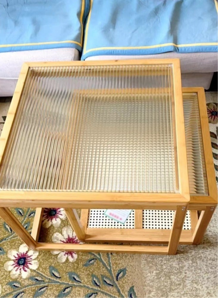 رافين مجموعة مكونة من طاولتين من الخيزران بتصميم كلاسيكي لمنتصف القرن مع قاعدة تخزين وطاولة تقديم زجاجية وطاولات مركزية لغرفة المعيشة لأثاث المكاتب المنزلية مقاس 50 × 50 × 38 و60 × 60 × 47 سم - Image 4