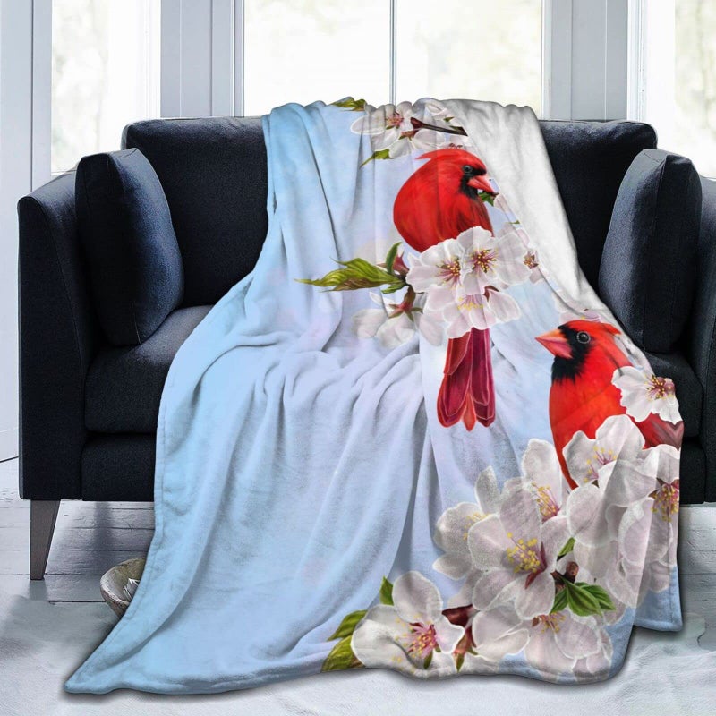 Perinsto Red Cardinal Birds and Cherry Flowers Throw Blanket Ultra Soft Warm All Season Decorative Fleece Blankets for Bed Chair Car Sofa Couch Bedroom 50X40