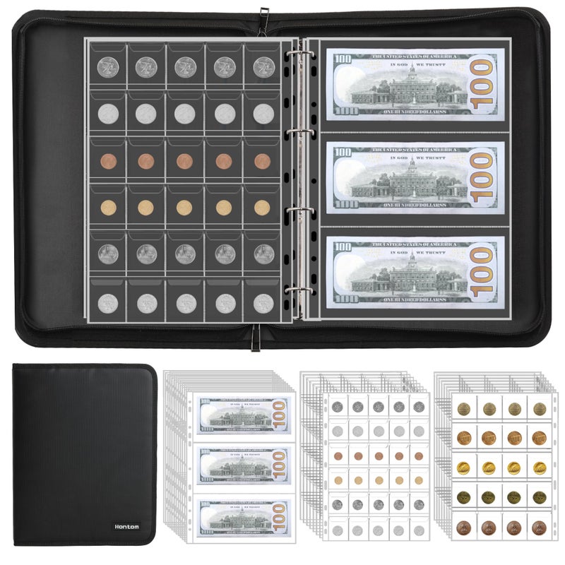 Hontom Coin Collection Album Holder for Collectors, 400 Pockets Fireproof Coin Collection Book & 36 Paper Money Organizer Binder for Coin Currency Collection Supplies,Pennies,Bill,Tokens,Badges - Image 1