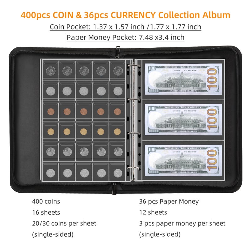 Hontom Coin Collection Album Holder for Collectors, 400 Pockets Fireproof Coin Collection Book & 36 Paper Money Organizer Binder for Coin Currency Collection Supplies,Pennies,Bill,Tokens,Badges - Image 3