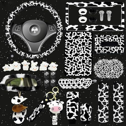 JINGSEN 29 PCS Cow Pattern Car AccessoriesIncluding Dashboard DecorationRearview Mirror DecorationEtcSuitable for SedansSUVS and Other ModelsCute Car Interior Sets Suitable for Women Black - Image 1