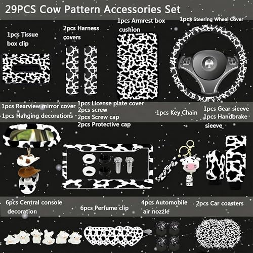 JINGSEN 29 PCS Cow Pattern Car AccessoriesIncluding Dashboard DecorationRearview Mirror DecorationEtcSuitable for SedansSUVS and Other ModelsCute Car Interior Sets Suitable for Women Black - Image 3