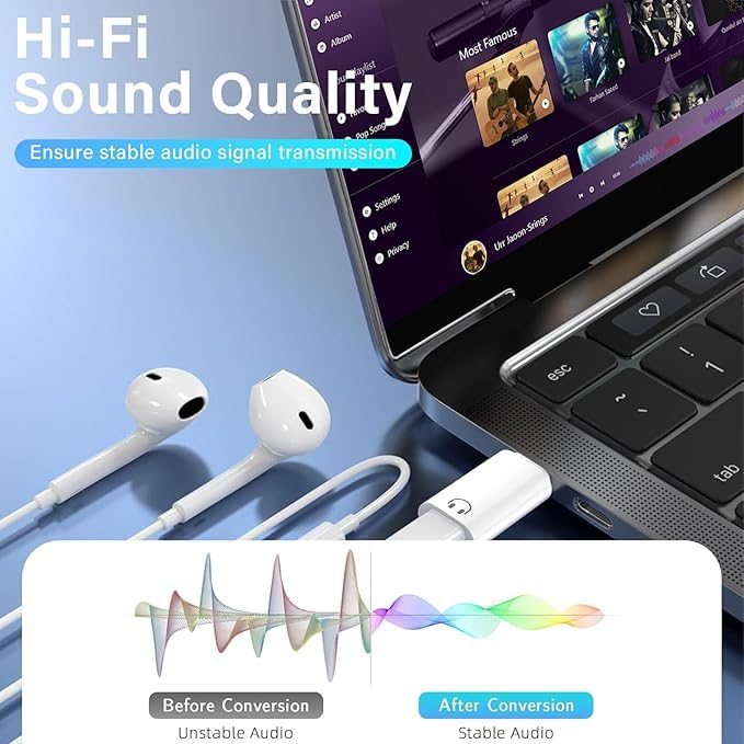 Wefly Light-ning to C Earphone Converter with Lanyard Holes, Type C Male to Light-ning Female Aluminum Alloy Portable Audio Adapter for IP/Hone 16/15, Support Hands-Free Calling, Volume Control - Image 4