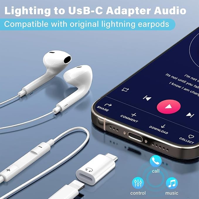 Wefly Light-ning to C Earphone Converter with Lanyard Holes, Type C Male to Light-ning Female Aluminum Alloy Portable Audio Adapter for IP/Hone 16/15, Support Hands-Free Calling, Volume Control - Image 2
