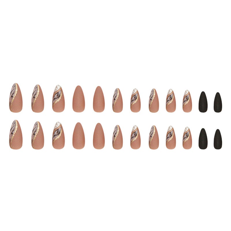 TOGZOM Almond Press on Nails Medium Fake Nails Nude False Nails with Designs Gold Glitter Line Glue on Nail Marble Full Cover Acrylic Nails Brown Matte Stick on Nail for Women 24 Pcs - Image 5