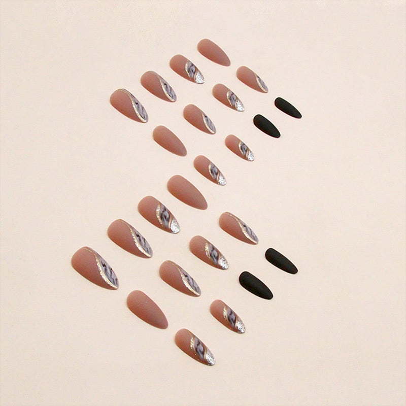 TOGZOM Almond Press on Nails Medium Fake Nails Nude False Nails with Designs Gold Glitter Line Glue on Nail Marble Full Cover Acrylic Nails Brown Matte Stick on Nail for Women 24 Pcs - Image 2