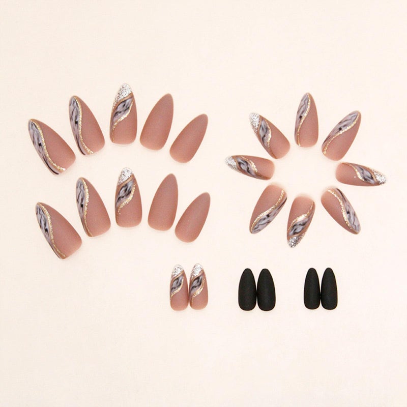 TOGZOM Almond Press on Nails Medium Fake Nails Nude False Nails with Designs Gold Glitter Line Glue on Nail Marble Full Cover Acrylic Nails Brown Matte Stick on Nail for Women 24 Pcs - Image 3