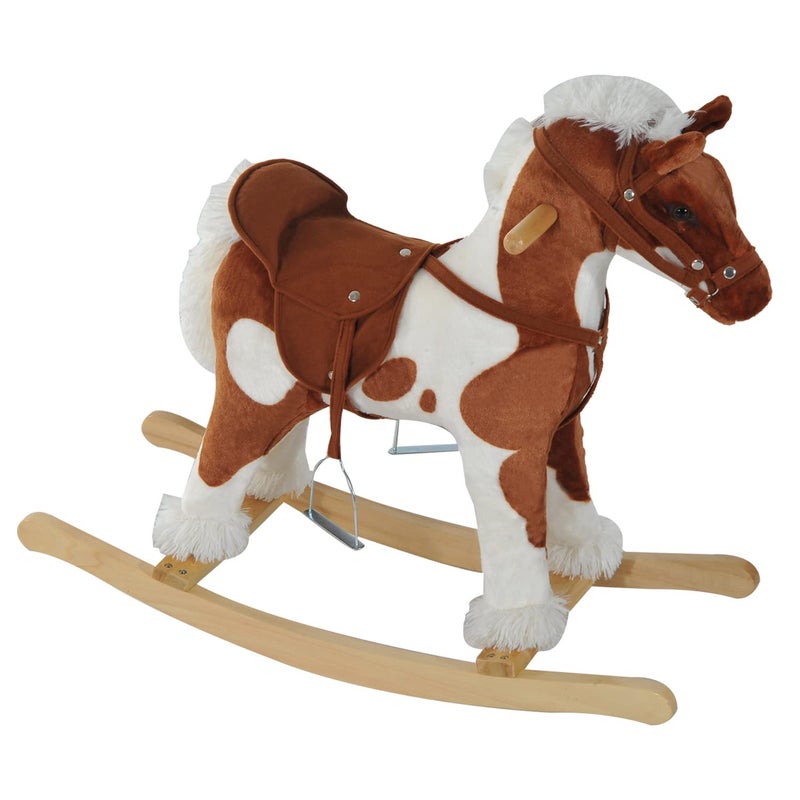 Qaba Wooden Toddler Rocking Horse Kids Plush Ride on Horse Toy Animal Rocker with Nursery Rhyme Music Brown - Image 2