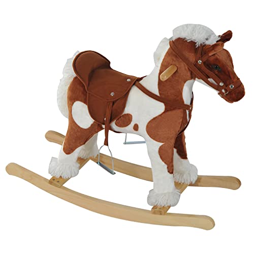 Qaba Wooden Toddler Rocking Horse Kids Plush Ride on Horse Toy Animal Rocker with Nursery Rhyme Music Brown - Image 1