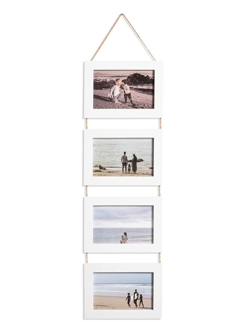 Soofam 4x6 inch Hanging Picture Frames Collage Wall Decor, 4-Frame Set, Rustic Solid Wood Photo Frame Pack of 4 Vintage White - Image 1