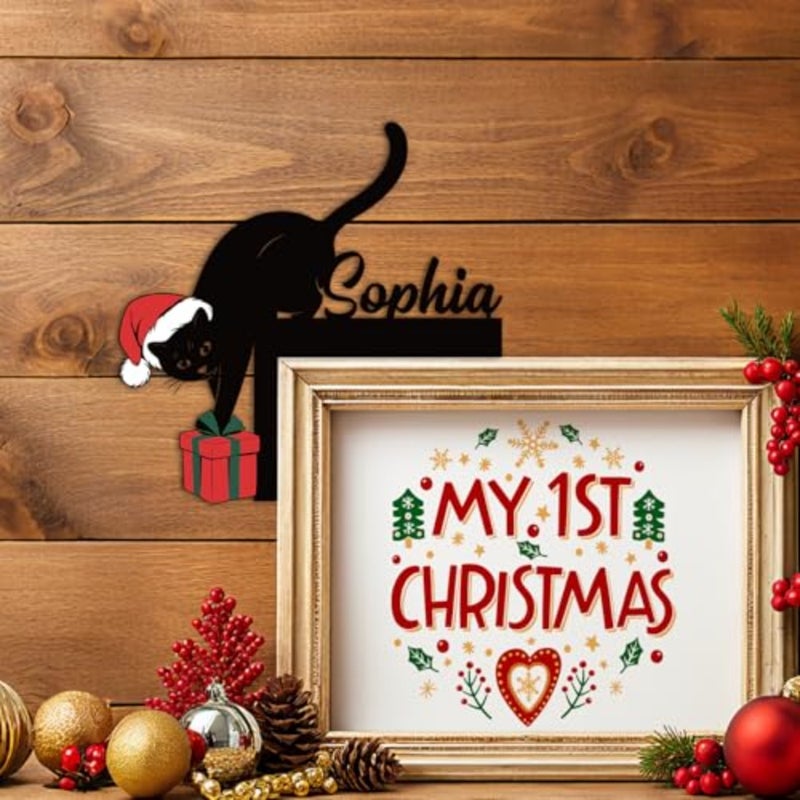 Personalized Cat Christmas Door Topper Decorations, Funny Black Cat Door Frame Corner Decor, Custom Name Metal Frame Sign, Xmas Ornaments for Home Party Window Wall Office, Color01 - Image 3