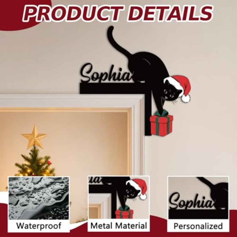Personalized Cat Christmas Door Topper Decorations, Funny Black Cat Door Frame Corner Decor, Custom Name Metal Frame Sign, Xmas Ornaments for Home Party Window Wall Office, Color01 - Image 4