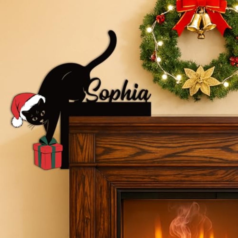 Personalized Cat Christmas Door Topper Decorations, Funny Black Cat Door Frame Corner Decor, Custom Name Metal Frame Sign, Xmas Ornaments for Home Party Window Wall Office, Color01 - Image 2