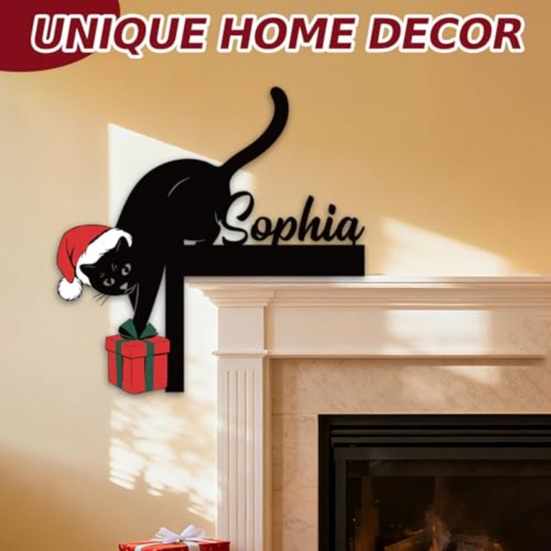 Personalized Cat Christmas Door Topper Decorations, Funny Black Cat Door Frame Corner Decor, Custom Name Metal Frame Sign, Xmas Ornaments for Home Party Window Wall Office, Color01 - Image 5