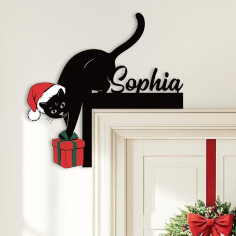 Personalized Cat Christmas Door Topper Decorations, Funny Black Cat Door Frame Corner Decor, Custom Name Metal Frame Sign, Xmas Ornaments for Home Party Window Wall Office, Color01 - Image 1