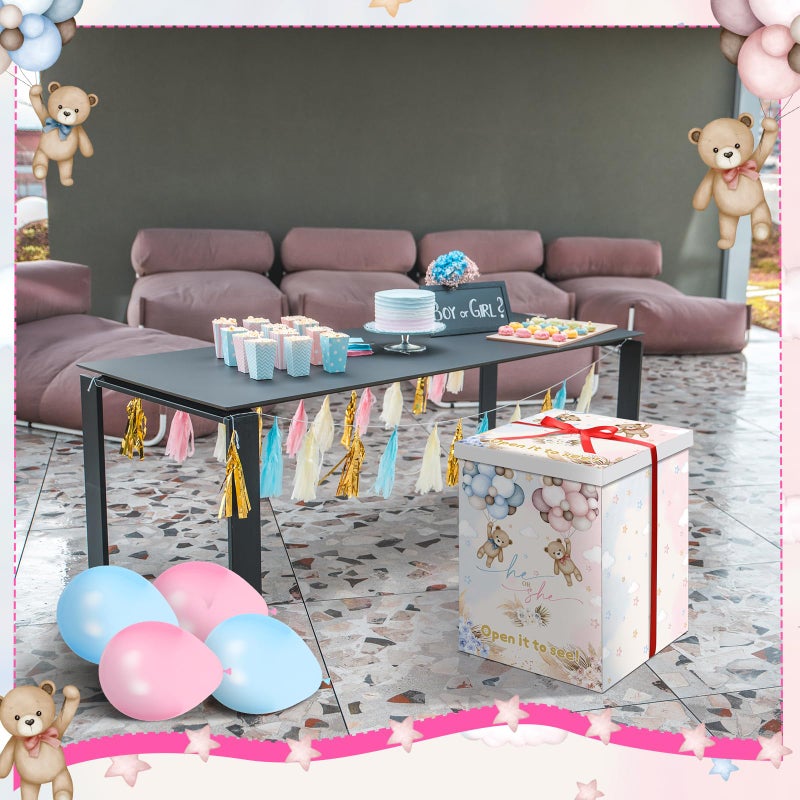 Hungdao Gender Reveal Balloon Box with Ribbon and 10 Pink and Blue Balloons Gender Reveal Games He or She Open to See for Party Decoration 12"x12"x16"(Boho Bear) - Image 4