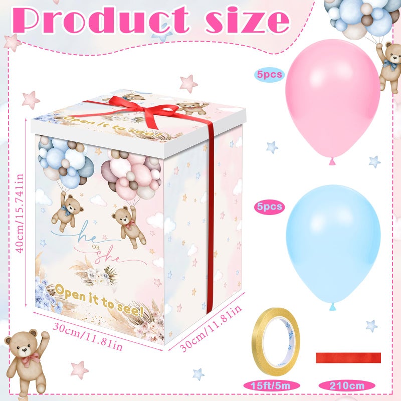 Hungdao Gender Reveal Balloon Box with Ribbon and 10 Pink and Blue Balloons Gender Reveal Games He or She Open to See for Party Decoration 12"x12"x16"(Boho Bear) - Image 2