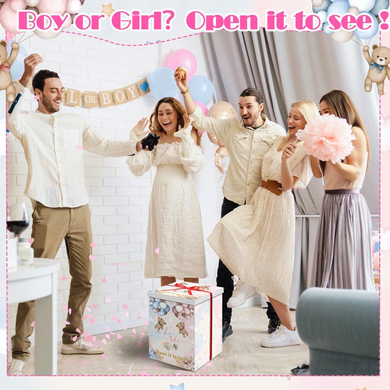 Hungdao Gender Reveal Balloon Box with Ribbon and 10 Pink and Blue Balloons Gender Reveal Games He or She Open to See for Party Decoration 12"x12"x16"(Boho Bear) - Image 3