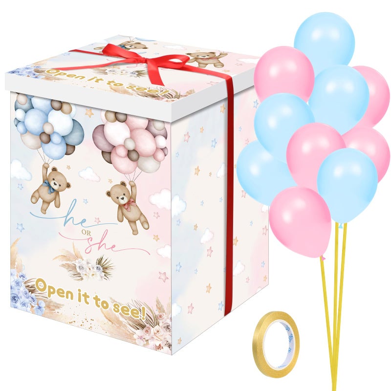 Hungdao Gender Reveal Balloon Box with Ribbon and 10 Pink and Blue Balloons Gender Reveal Games He or She Open to See for Party Decoration 12"x12"x16"(Boho Bear) - Image 1