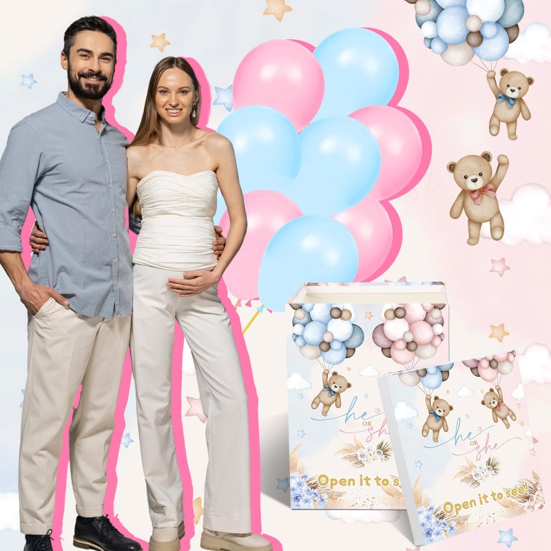Hungdao Gender Reveal Balloon Box with Ribbon and 10 Pink and Blue Balloons Gender Reveal Games He or She Open to See for Party Decoration 12"x12"x16"(Boho Bear) - Image 5