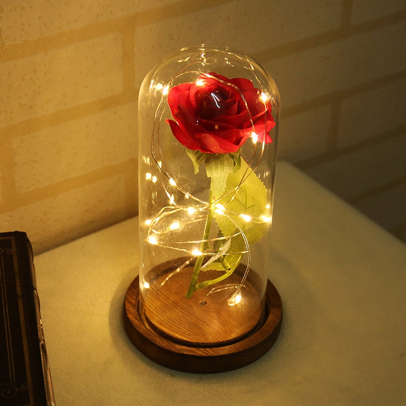 Rose with String Light Preserved in Glass Dome on Base for Valentine - Batteries Not Included (Brown Base) - Image 1