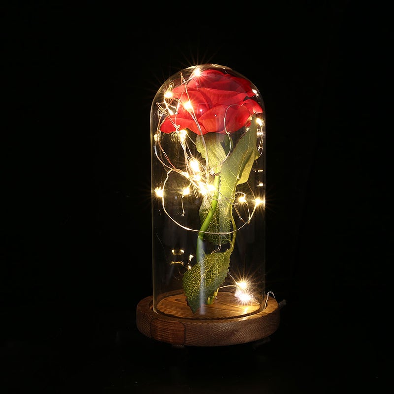 Rose with String Light Preserved in Glass Dome on Base for Valentine - Batteries Not Included (Brown Base) - Image 2