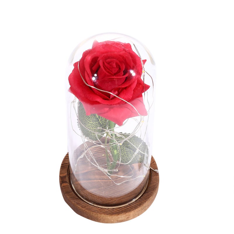 Rose with String Light Preserved in Glass Dome on Base for Valentine - Batteries Not Included (Brown Base) - Image 3
