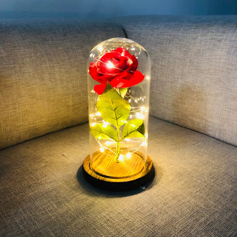 Rose with String Light Preserved in Glass Dome on Base for Valentine - Batteries Not Included (Brown Base) - Image 4