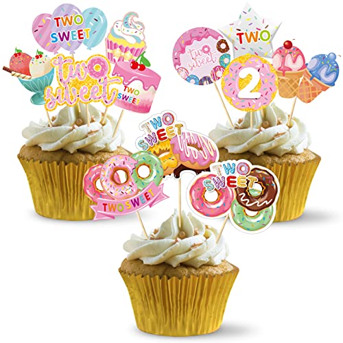 Excelloon 48pcs Donut Party Decorations Two Sweet Birthday Cupcake Toppers Donut Grow Up Theme donut 2nd Bday Cake Topper Supplies for Girl Doughnut Happy 2nd Birthday Cake Decor - Image 1