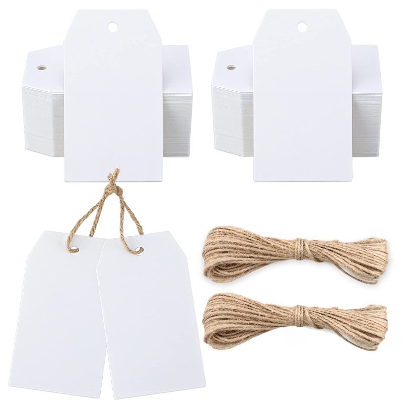 KINGLAKE Gift Tags,100 Pcs White Paper Blank Gift Tags with String for Wedding Favors,Craft Tags with Natural Jute Twine - Image 1