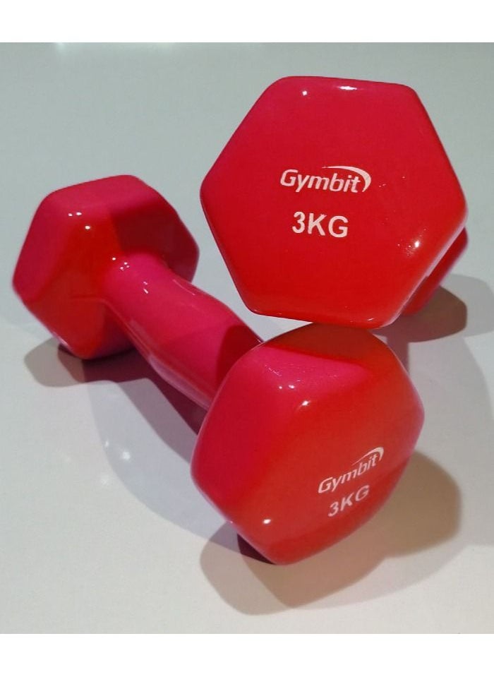 Gymbit Double Dumbbells Vinyl Hexagon Hand Weights for Muscle Training 3 KG, Red 
