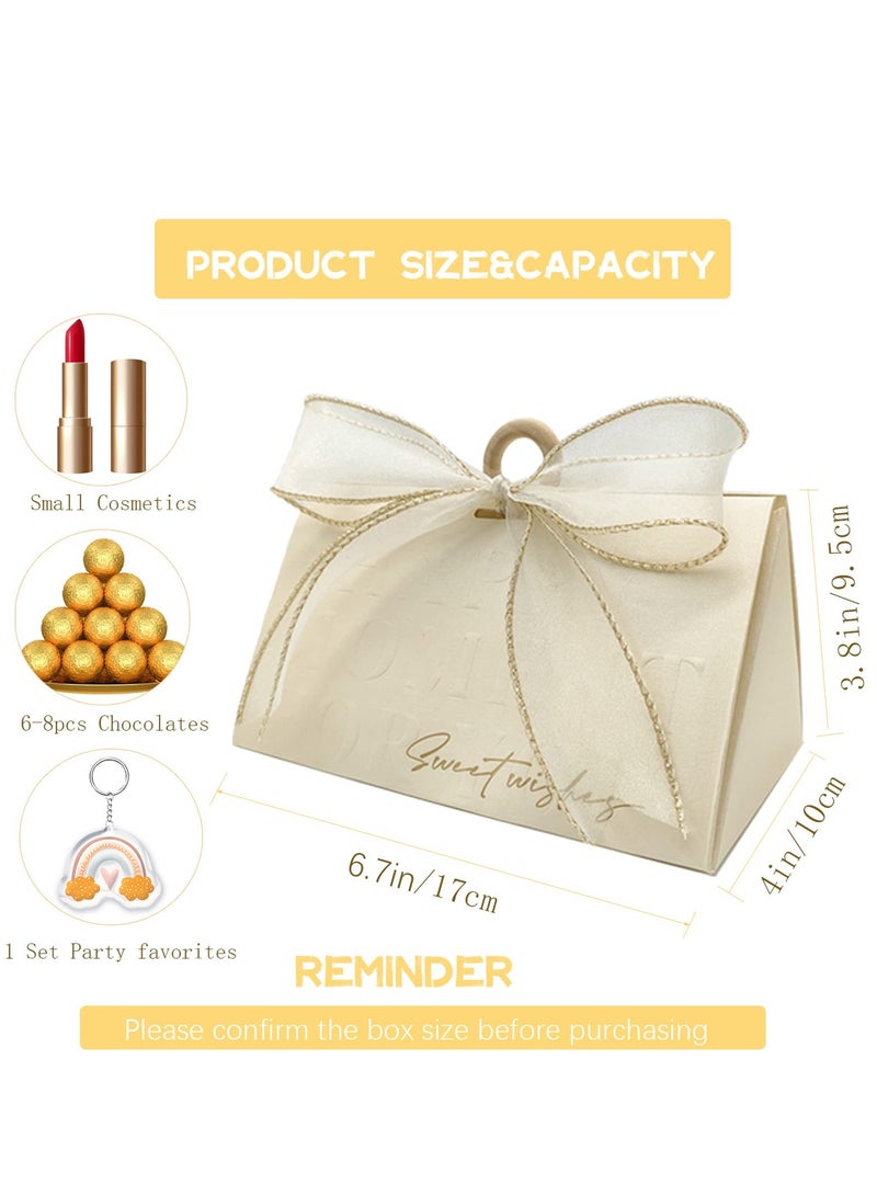 Wedding Candy Boxes, Beige Favor Boxes Chocolate Treat Gift with Wooden Beads and Ribbon, for Bridal Shower Baptism Baby Birthday Party Decoration Supplies, 10pcs - Image 2