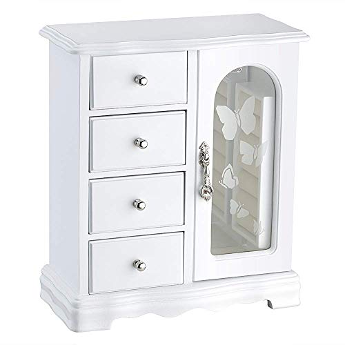 RR ROUND RICH DESIGN Jewelry Box - Made of Solid Wood with 4 Drawers Organizer and Built-in Necklace Carousel and Large Mirror White - Image 1