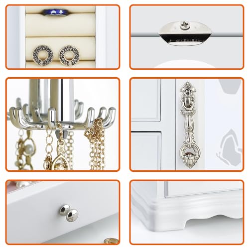 RR ROUND RICH DESIGN Jewelry Box - Made of Solid Wood with 4 Drawers Organizer and Built-in Necklace Carousel and Large Mirror White - Image 3
