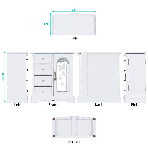 RR ROUND RICH DESIGN Jewelry Box - Made of Solid Wood with 4 Drawers Organizer and Built-in Necklace Carousel and Large Mirror White - Image 4
