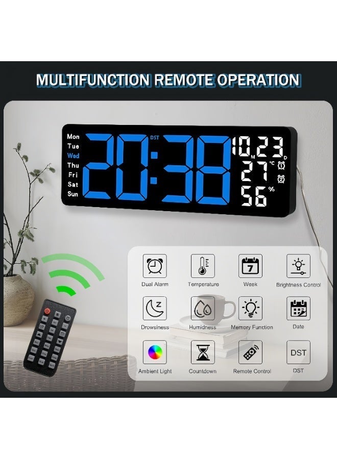 17.3" Large Digital Wall Clock, LED Digital Clock Large Display with Remote Control, Alarm Clock with Temp/DST/Dimmer/Humidity/Timer/Ambient Light - 12/24H, Alarm Wall Clock for Bedroom - Image 2