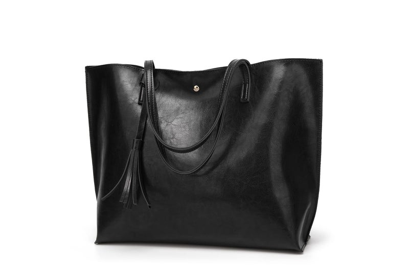 Dreubea Women's Soft Faux Leather Tote Shoulder Bag from, Big Capacity Tassel Handbag Black New S - Image 1