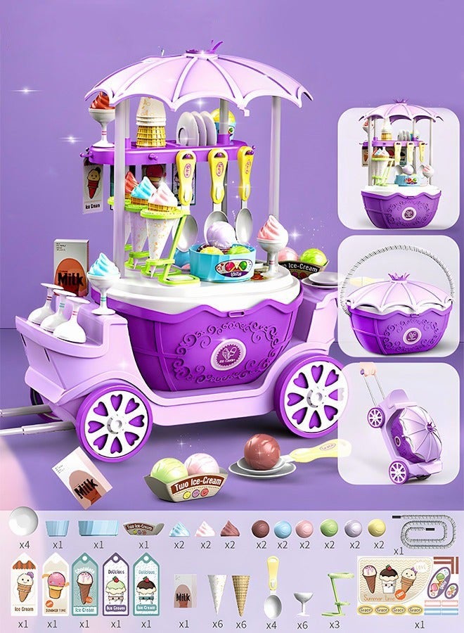 DURKU Ice Cream Cart and Pretend Play Food Set with 69 Pieces - 4 in 1 Simulation Ice Cream Truck Kit - Mini Ice Cream Toys for Kids Aged 3+ - Play House Toy Gift - Image 2