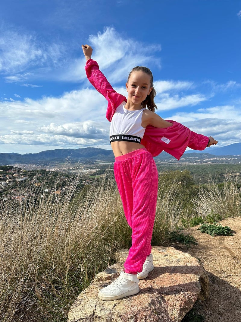 LOLANTA Girls' Sequin Jacket Sequin Pants Dance Costume for 90s Theme Party Shiny Dance Clothing Set (Rosered, 7-8 Years) - Image 2