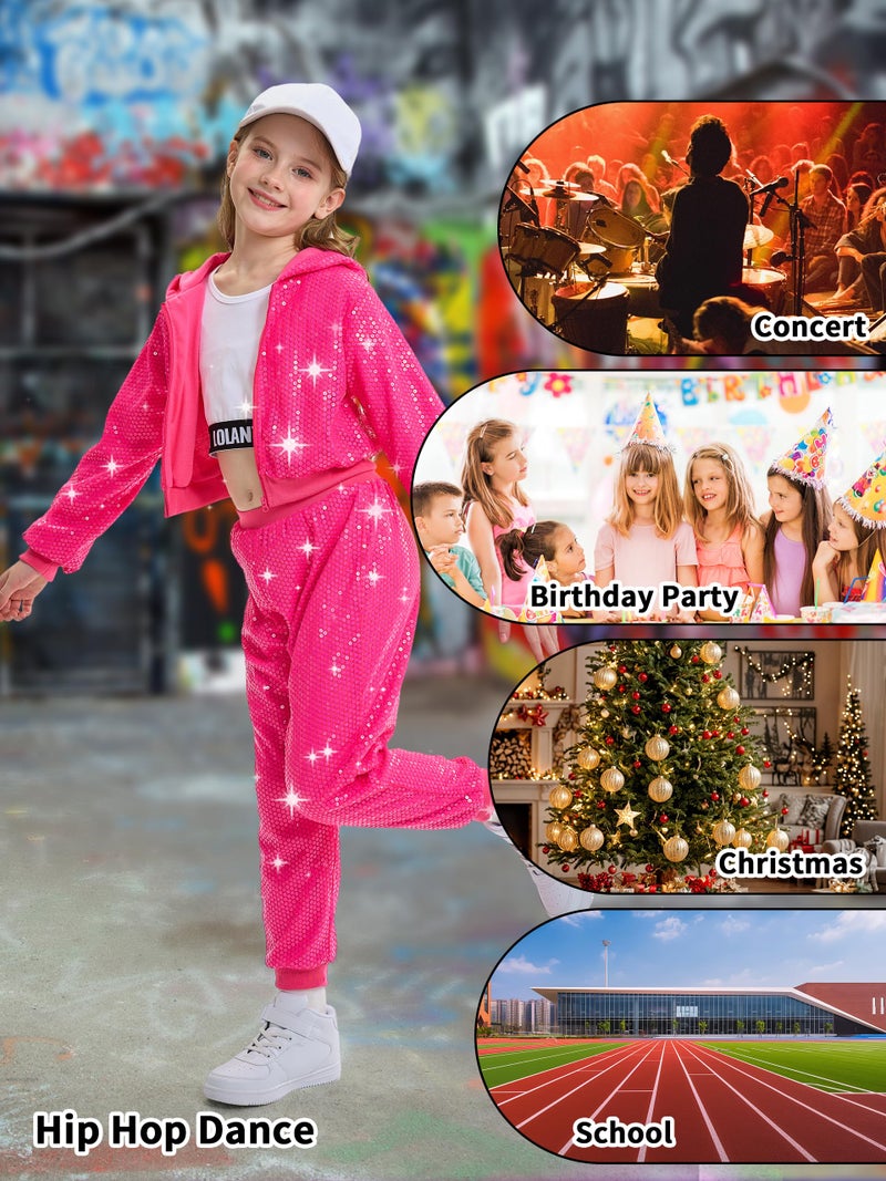 LOLANTA Girls' Sequin Jacket Sequin Pants Dance Costume for 90s Theme Party Shiny Dance Clothing Set (Rosered, 7-8 Years) - Image 5