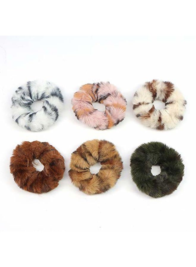 DINPREY Pack of 6 Faux Ru Furry Scrunchies, Fur Hair Bands Wristband Hair Rings, Women Girl kid's Faux Fur Fluffy Ball Hair Band Rope, Hair Tie Ponytail Holder Hair Accessories (6PCS-A) - Image 2