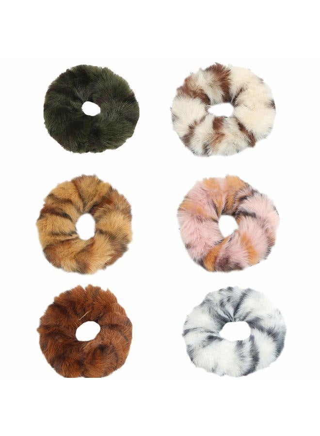 DINPREY Pack of 6 Faux Ru Furry Scrunchies, Fur Hair Bands Wristband Hair Rings, Women Girl kid's Faux Fur Fluffy Ball Hair Band Rope, Hair Tie Ponytail Holder Hair Accessories (6PCS-A) - Image 1