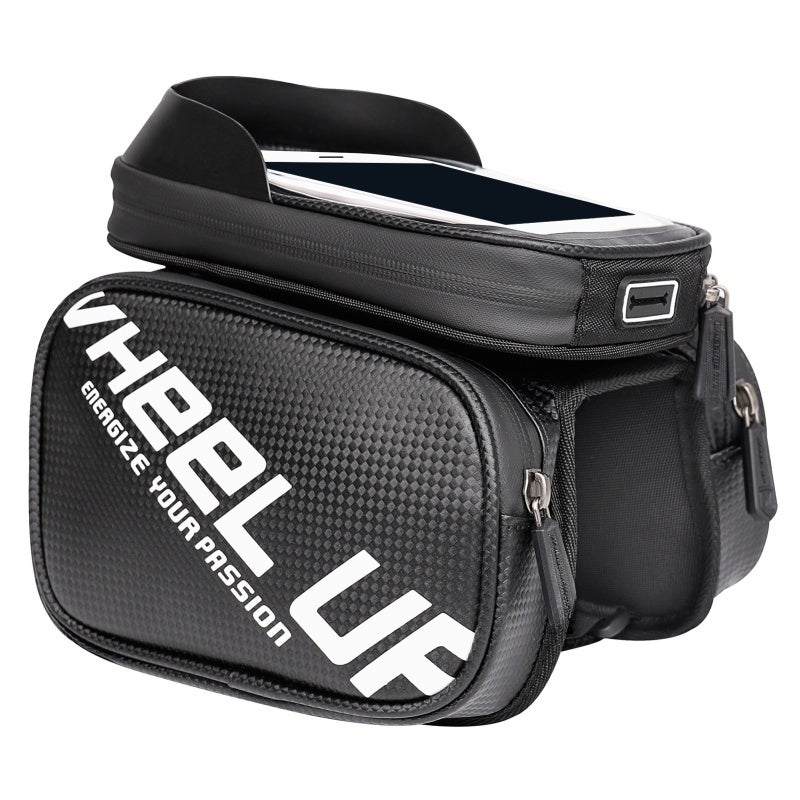 wheel up Bike Phone Bag: 6.5In Compatible Black PU Material, Wear-Resistant Water-Resistant, Transparent Sensitive Touchscreen - Dual Zippers Large Storage, Reflective Strip for Night Safety, Adjustable Fasten - Image 1