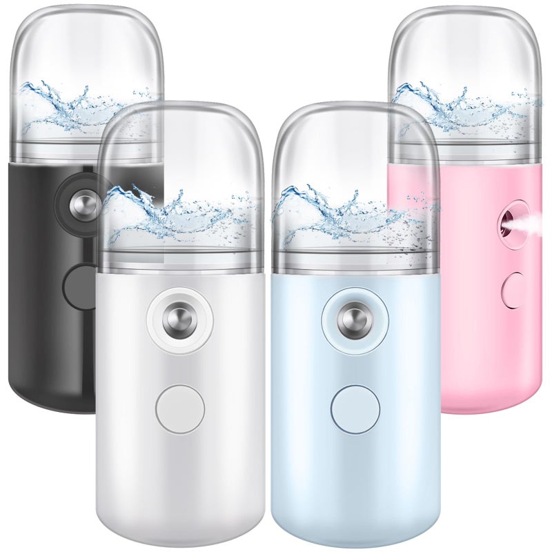 Mudder 4 Pcs Nano Facial Mister Handy Nano Mist Sprayer 30ml Visual Water Tank Portable Face Steamer Mini USB Mister for Lash Extensions, Skin Care, Makeup(White, Black, Blue, Pink) - Image 1