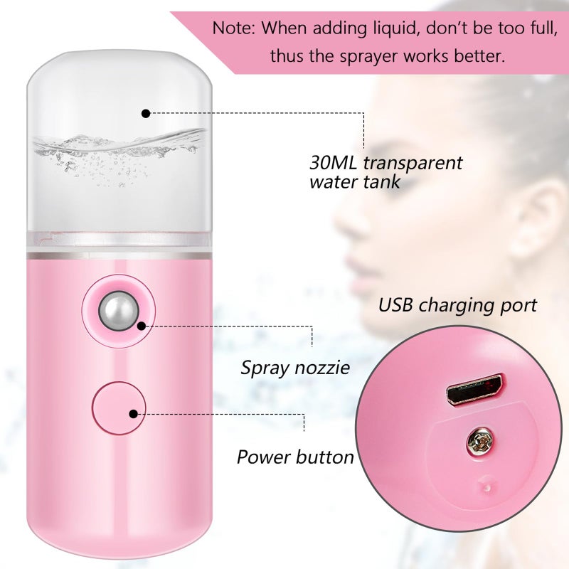 Mudder 4 Pcs Nano Facial Mister Handy Nano Mist Sprayer 30ml Visual Water Tank Portable Face Steamer Mini USB Mister for Lash Extensions, Skin Care, Makeup(White, Black, Blue, Pink) - Image 4