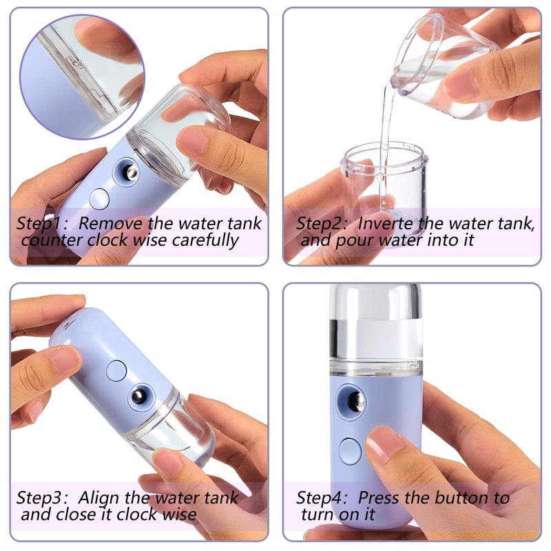 Mudder 4 Pcs Nano Facial Mister Handy Nano Mist Sprayer 30ml Visual Water Tank Portable Face Steamer Mini USB Mister for Lash Extensions, Skin Care, Makeup(White, Black, Blue, Pink) - Image 3